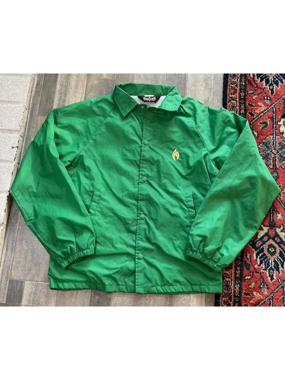 Vintage 1980s Green Satin Trucker Flame Logo Jacket Green Yellow Auburn Sports S
